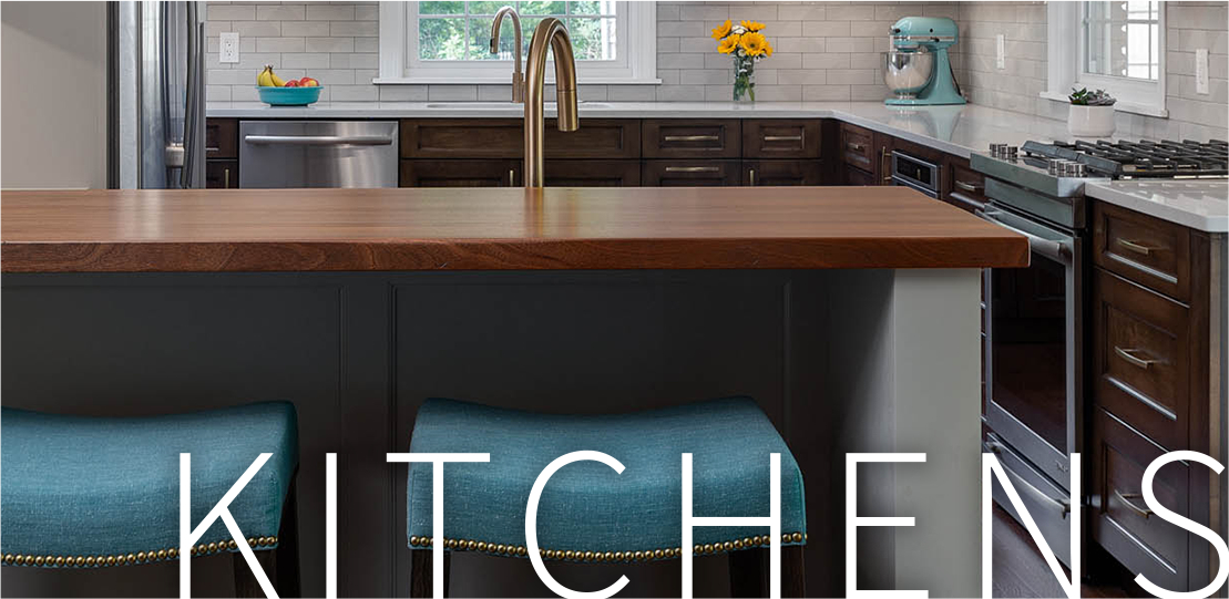Renovated, modern kitchen with butcher-block island and blue-cushioned stools.