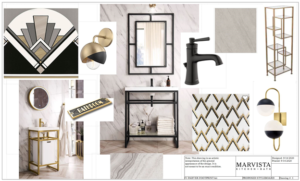 A collection of bathroom items in a black and gold color scheme
