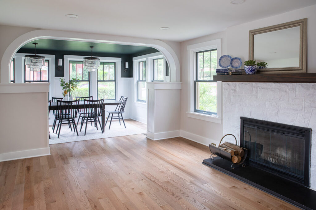 A remodeled first floor, showing the den and dining room attached